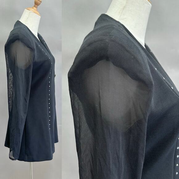 Vintage Caché Blazer Small Black Mesh Sleeves Crystal Buttons 90s Y2K Jacket - Picture 4 of 16